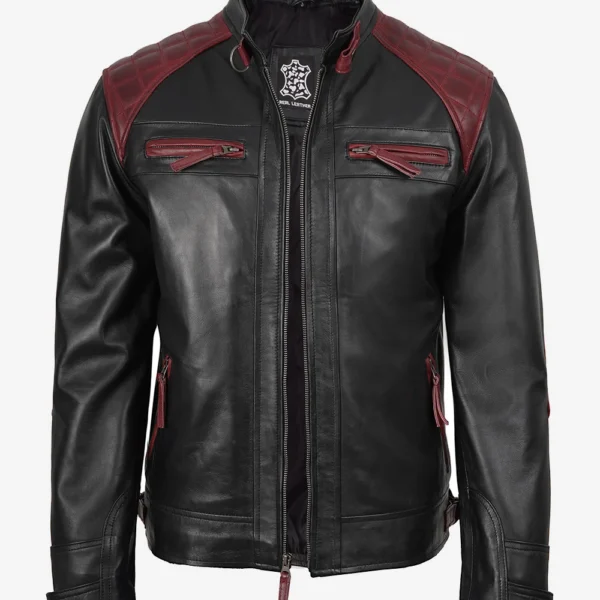 Men's Black Cafe Racer Leather Jacket - Quilted Shoulder