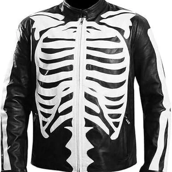 Spooky Skeleton Bones Cosplay Black Leather Jacket