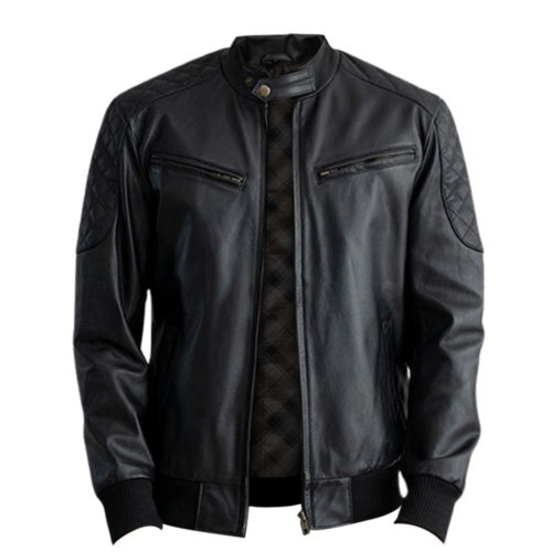 Casual Black Leather Bomber Jacket 1